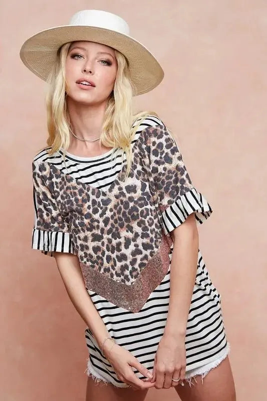 BiBi Stripe Rayon Span Knit Color Block Top With Leopard - Love Salve